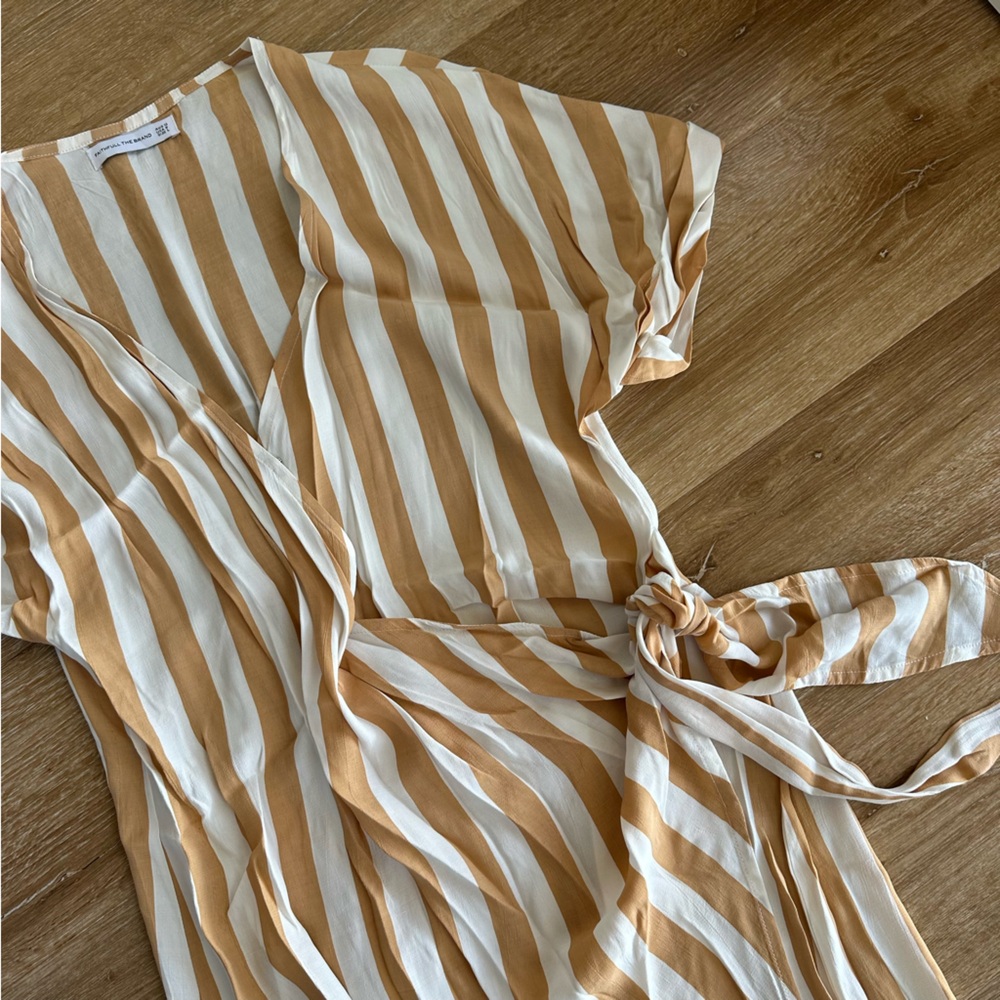 Faithfull the Brand Striped Wrap Dress in Cream and Tan